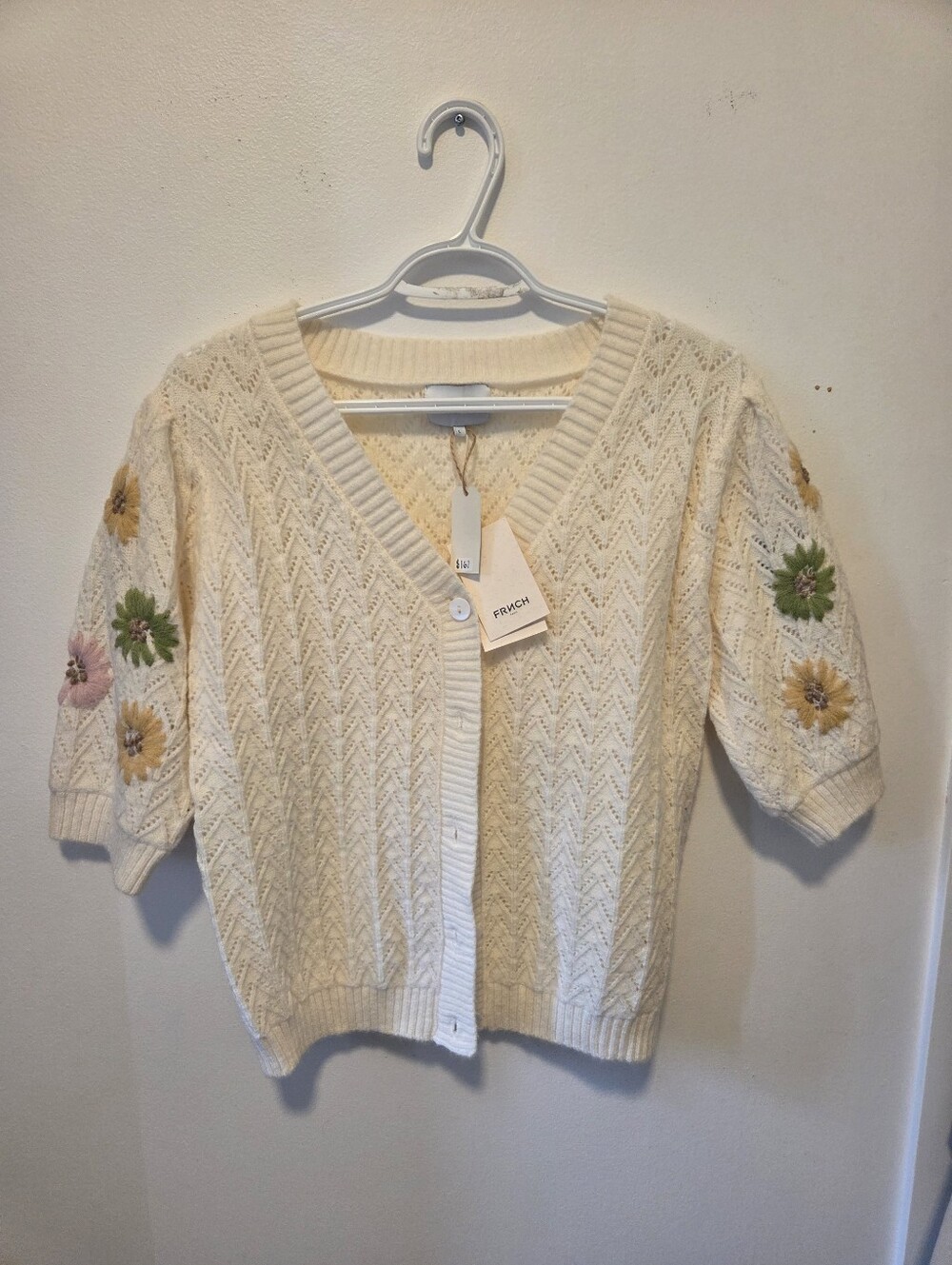 FRNCH Cream Knit Cardigan with Pastel Floral Sleeves